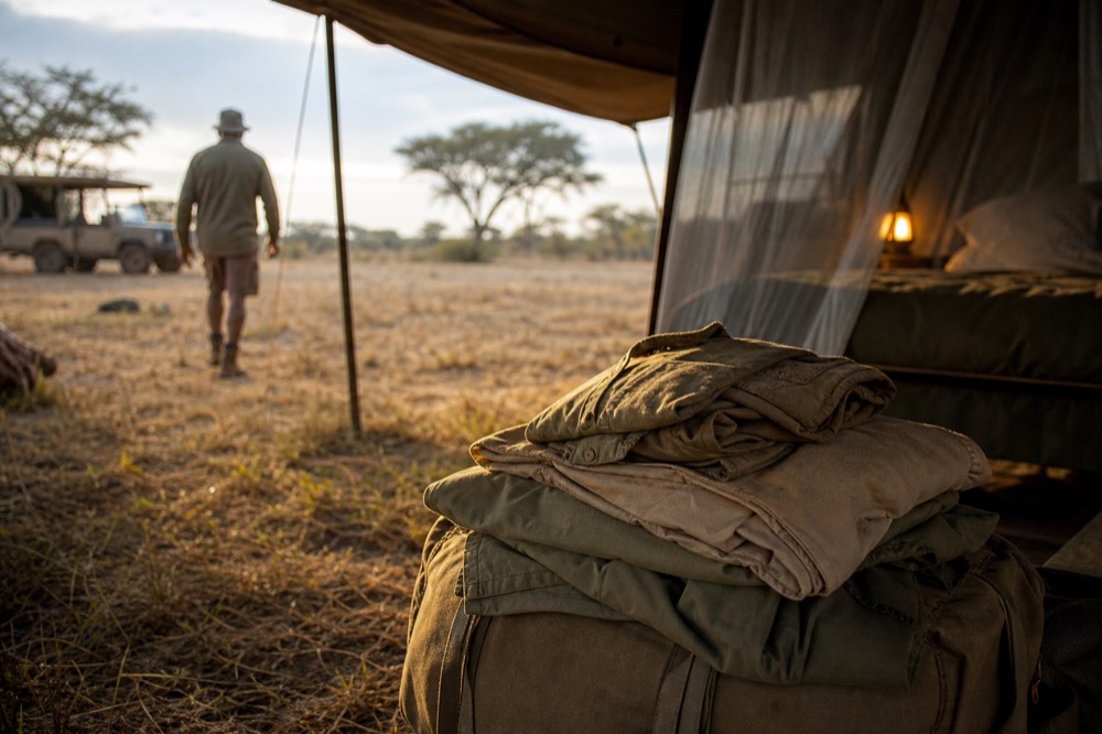 Folded khaki, olive and sand-coloured clothing stacked on a canvas duffel in a tented camp, mosquito net and low lamp light behind, no logos or labels visible