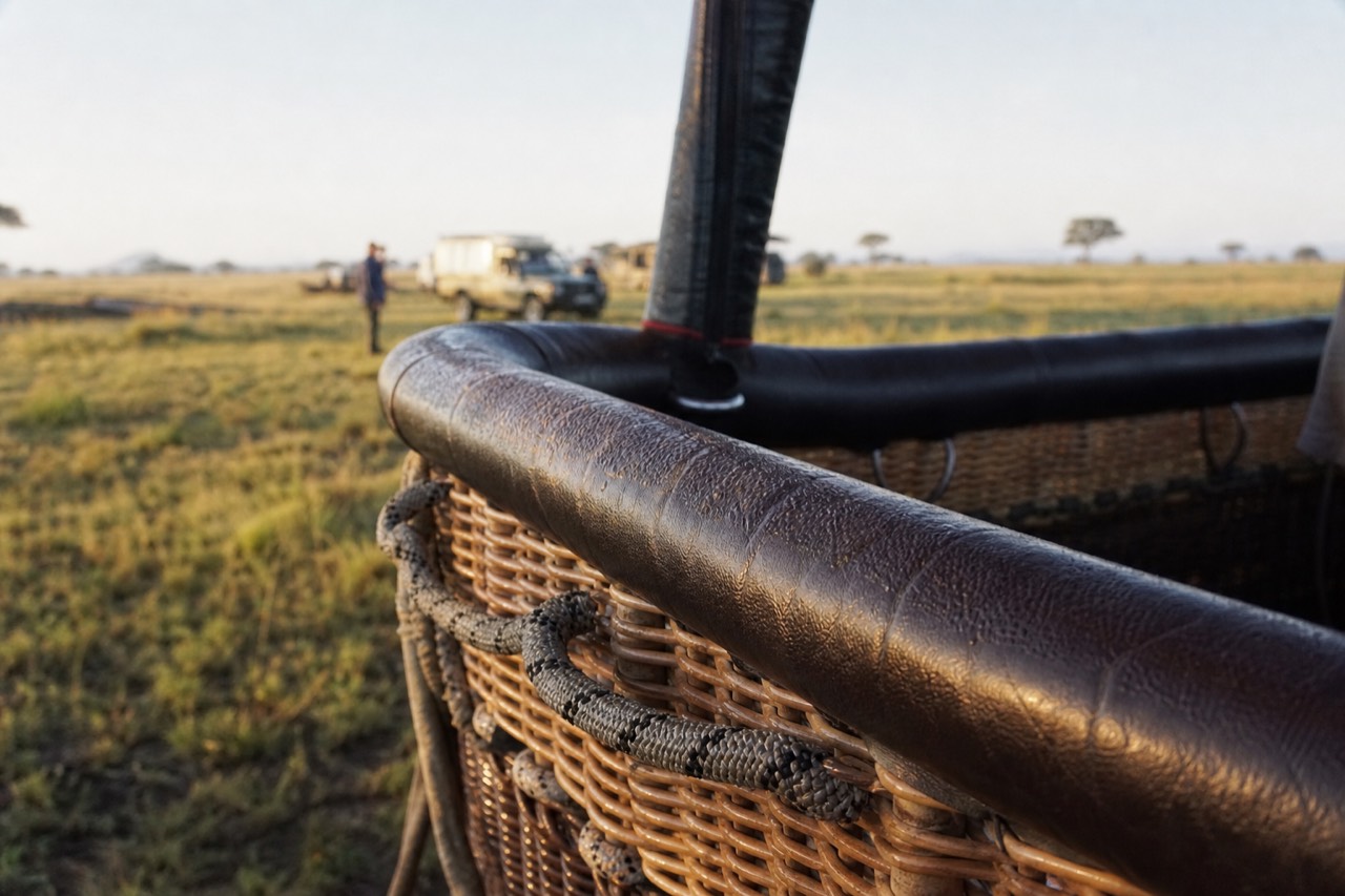Close view of a woven balloon basket rim with padded leather edging and braided rope handholds, cold dawn light, dew beading on the wicker
