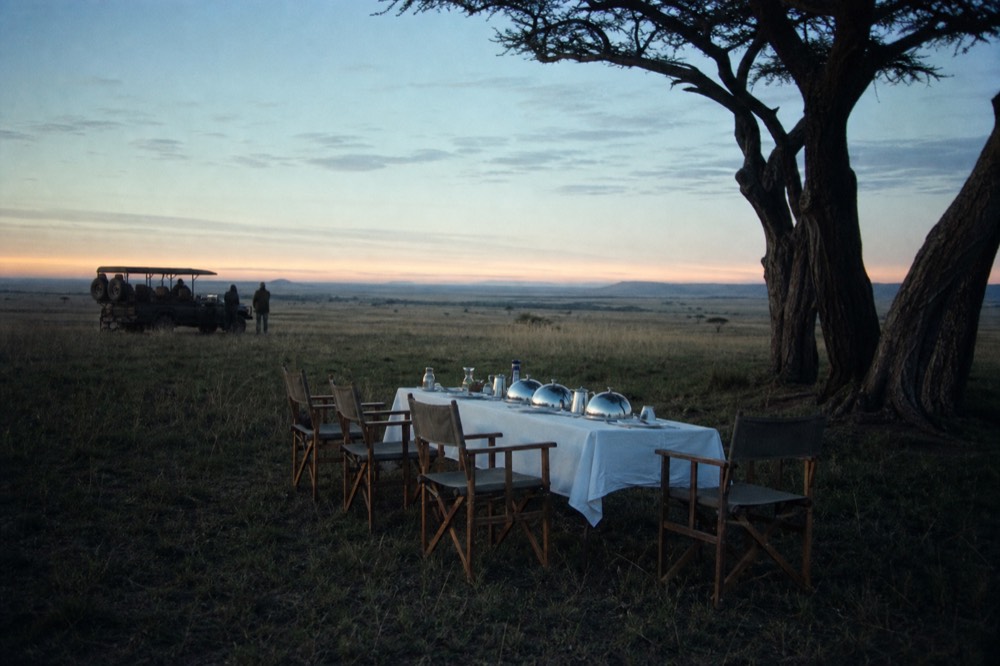 Bush breakfast table set on short grass under an acacia, white cloth, silver serving domes, folding chairs, long shadows in early sun