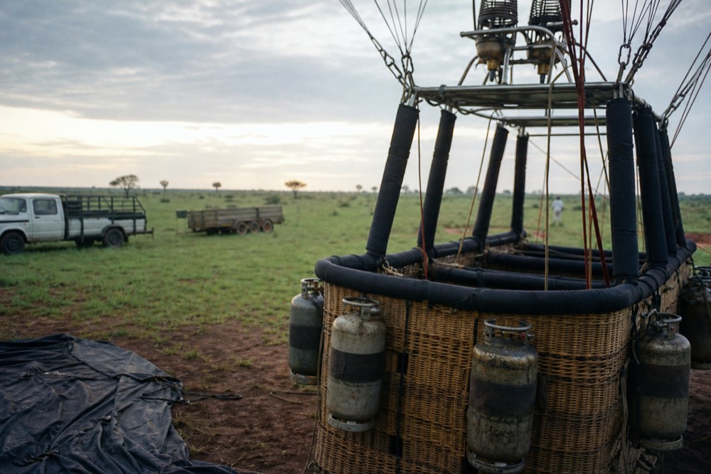 Fuel cylinders strapped into the corners of a wicker basket, burner frame and rigging overhead against a brightening morning sky