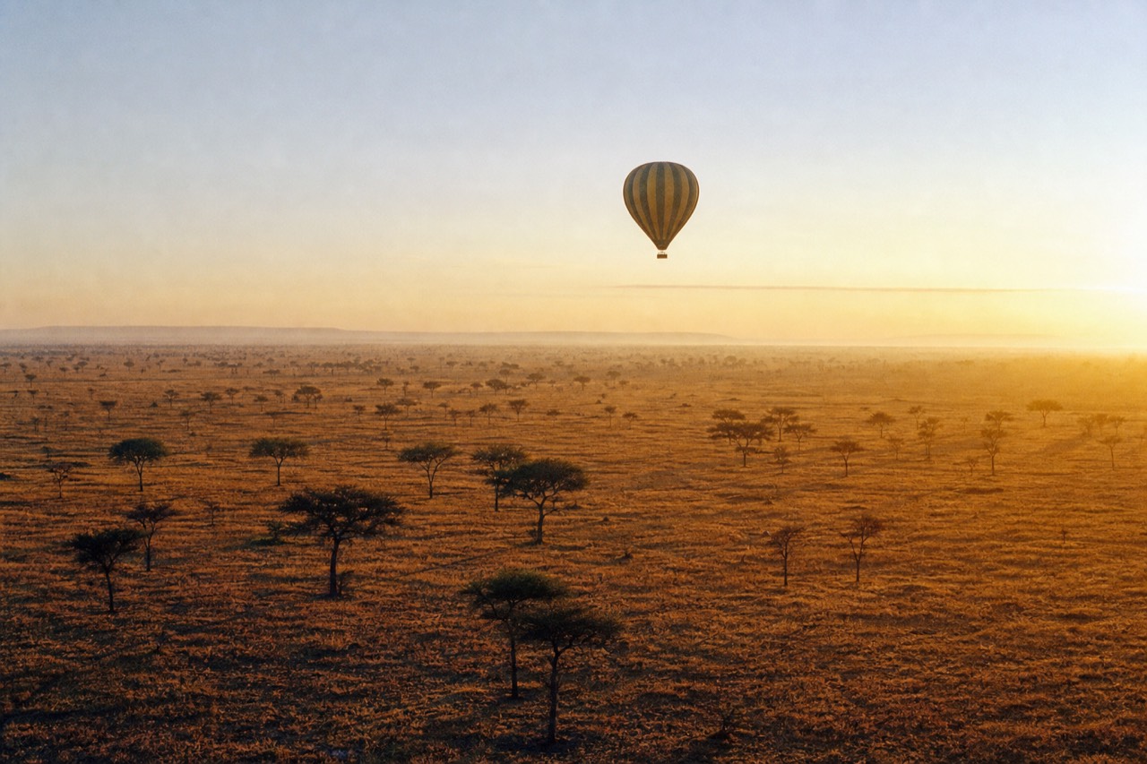 Single balloon hanging above a wide golden plain at sunrise, thin haze on the horizon, scattered flat-topped trees throwing long shadows below