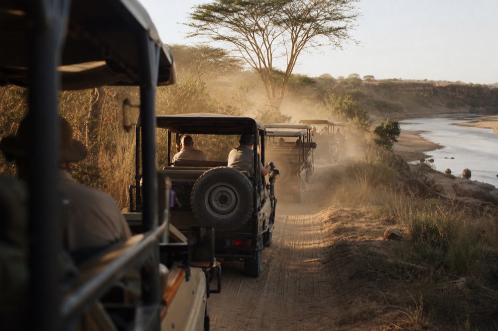 A line of open safari vehicles waiting nose to tail on a rutted dirt track above a river bank in harsh midday light with dust drifting between them