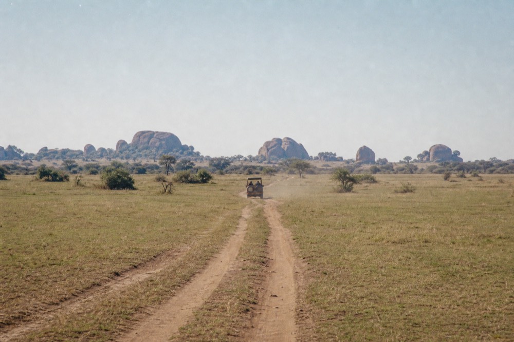 A dusty track crossing short grass at dawn with a safari vehicle small in the distance and granite kopjes standing on the skyline