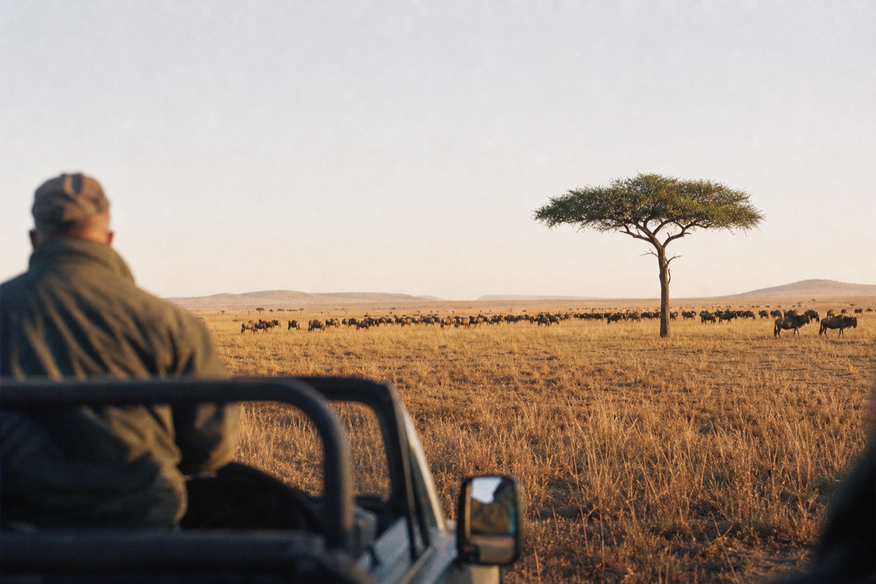 Wide Serengeti plain in dry-season light, bleached grass and a lone flat-topped acacia, dark herds strung out toward a pale horizon