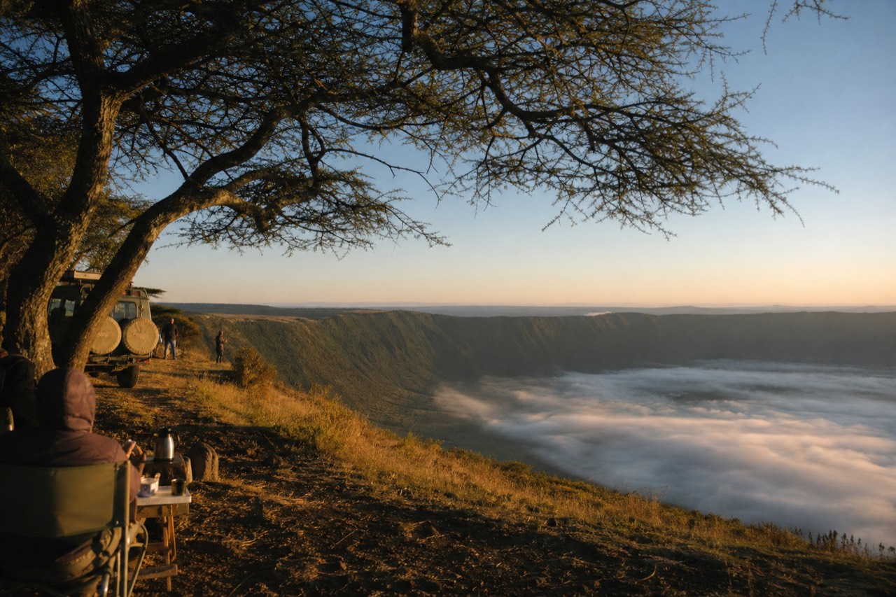 Sunrise over a vast volcanic caldera rim, low mist filling the crater floor far below, steep green walls dropping away, pale cloudless sky
