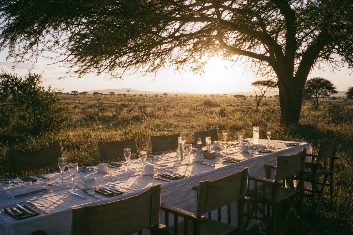A long breakfast table with white linen set out under a flat-topped acacia after a balloon landing