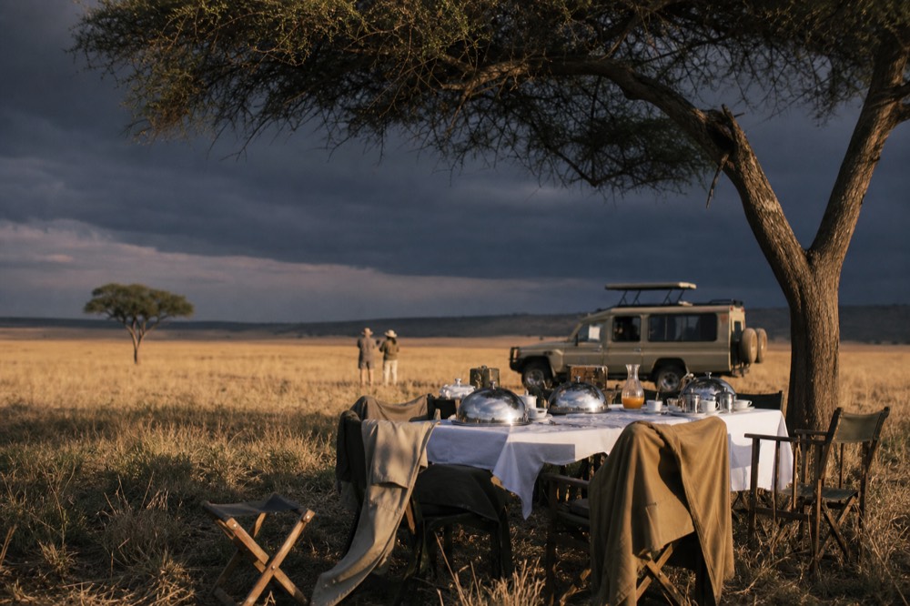 Cooked breakfast laid out on a white-clothed table under a flat-topped acacia, silver domes and folding chairs on open grass in warm early light