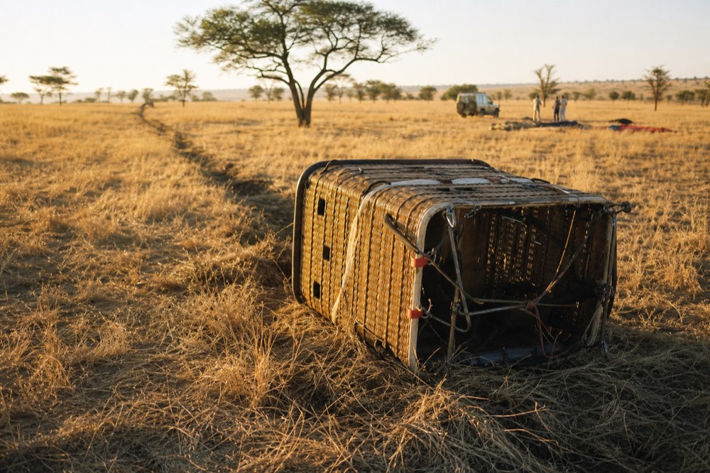 A wicker balloon basket tipped on its side in flattened yellow grass after a drag landing, a shallow furrow trailing behind it in the morning light