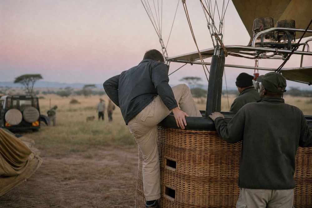 A passenger swinging a leg over the chest-high wall of a balloon basket using cut-out footholds, ground crew steadying the rim in early light