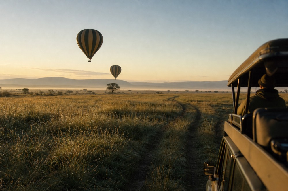 A chase vehicle following two drifting balloons across open grassland, tyre tracks cut through heavy dew, low golden side light