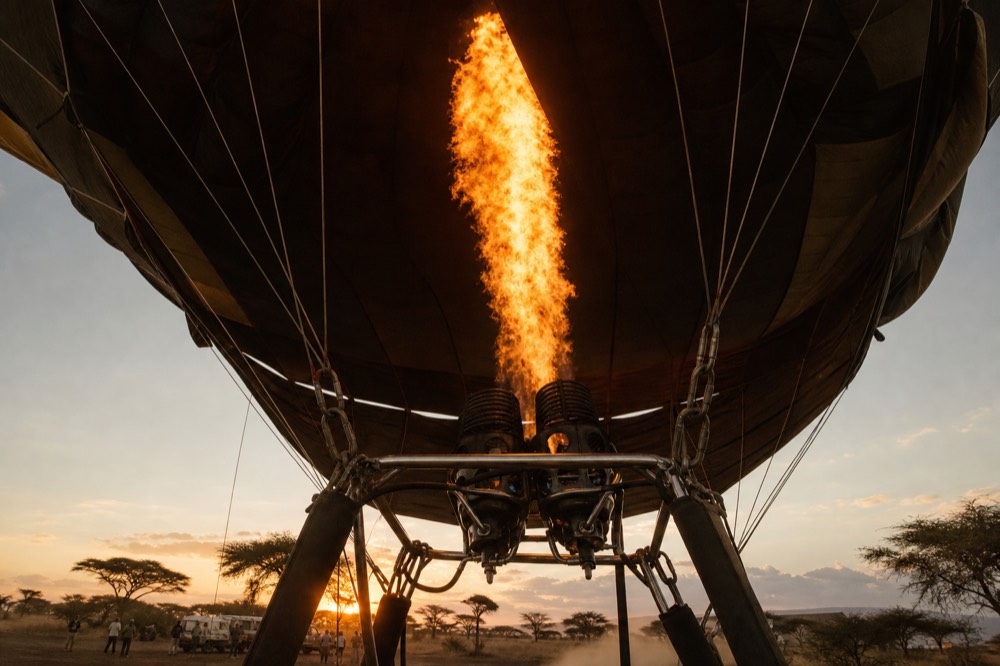 Burner flame seen from directly beneath, a bright orange cone against dark folded envelope panels rising overhead, steel frame and cables in sharp silhouette
