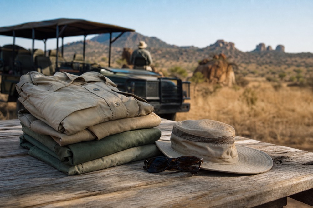 Neatly folded khaki and olive safari clothing stacked beside a soft wide-brimmed hat and sunglasses on a weathered wooden table in warm morning light