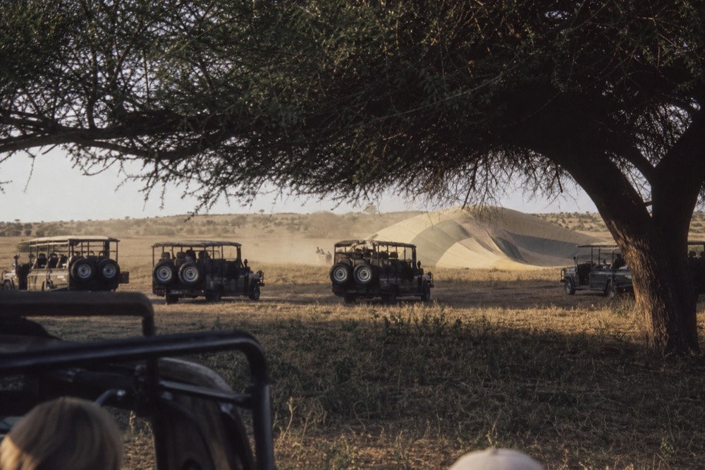 Safari vehicles parked in a loose line beside a landed balloon envelope on open grass, dust hanging in warm mid-morning light