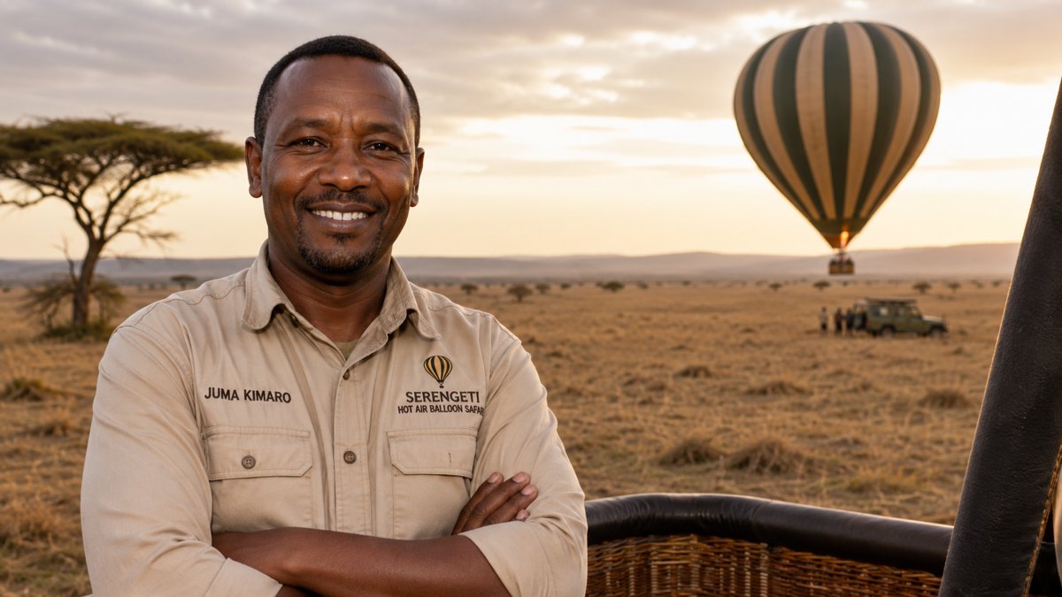 Juma Kimaro, Serengeti balloon safari specialist, standing by a balloon basket at dawn with a balloon and safari vehicle on the plains behind him